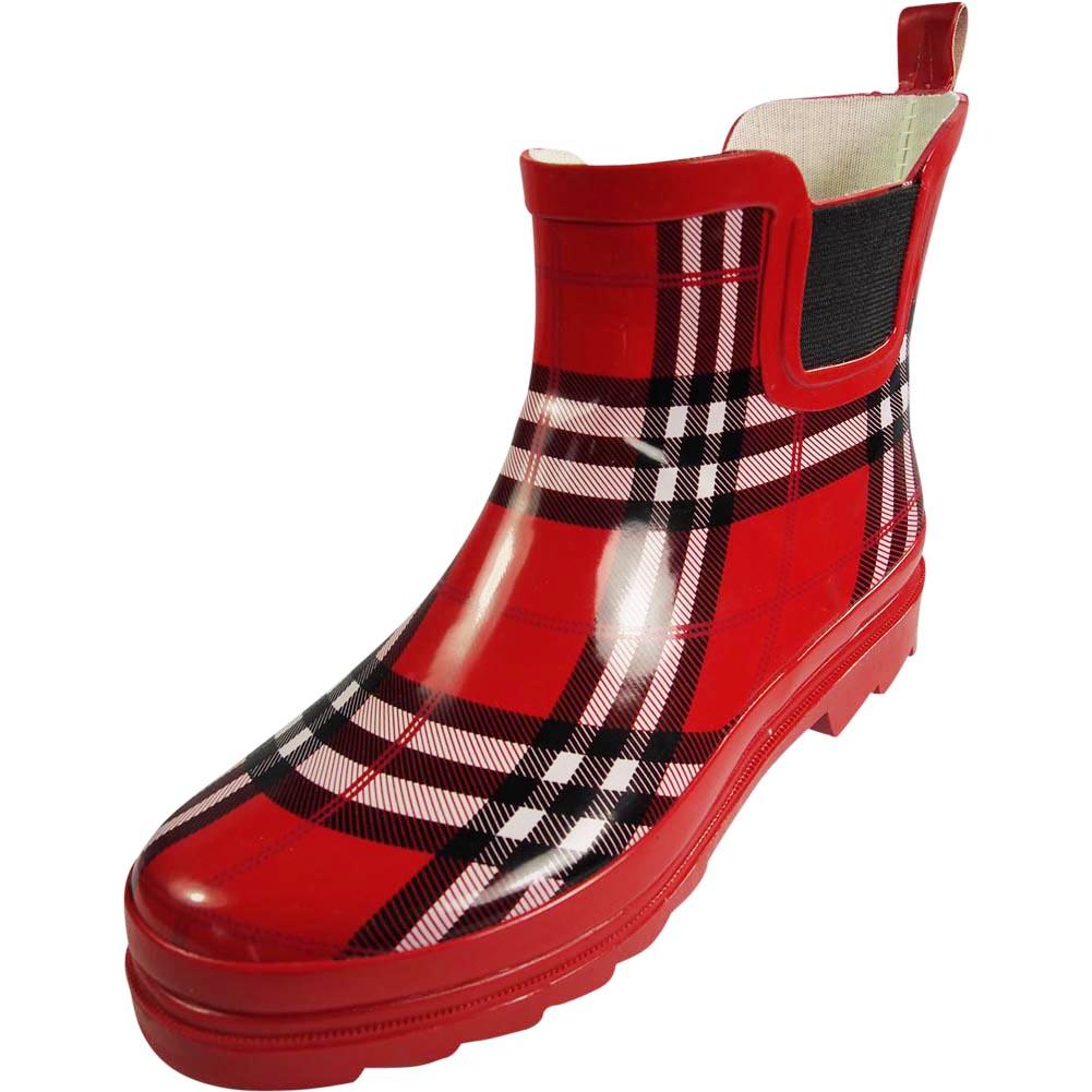 red plaid rain boots